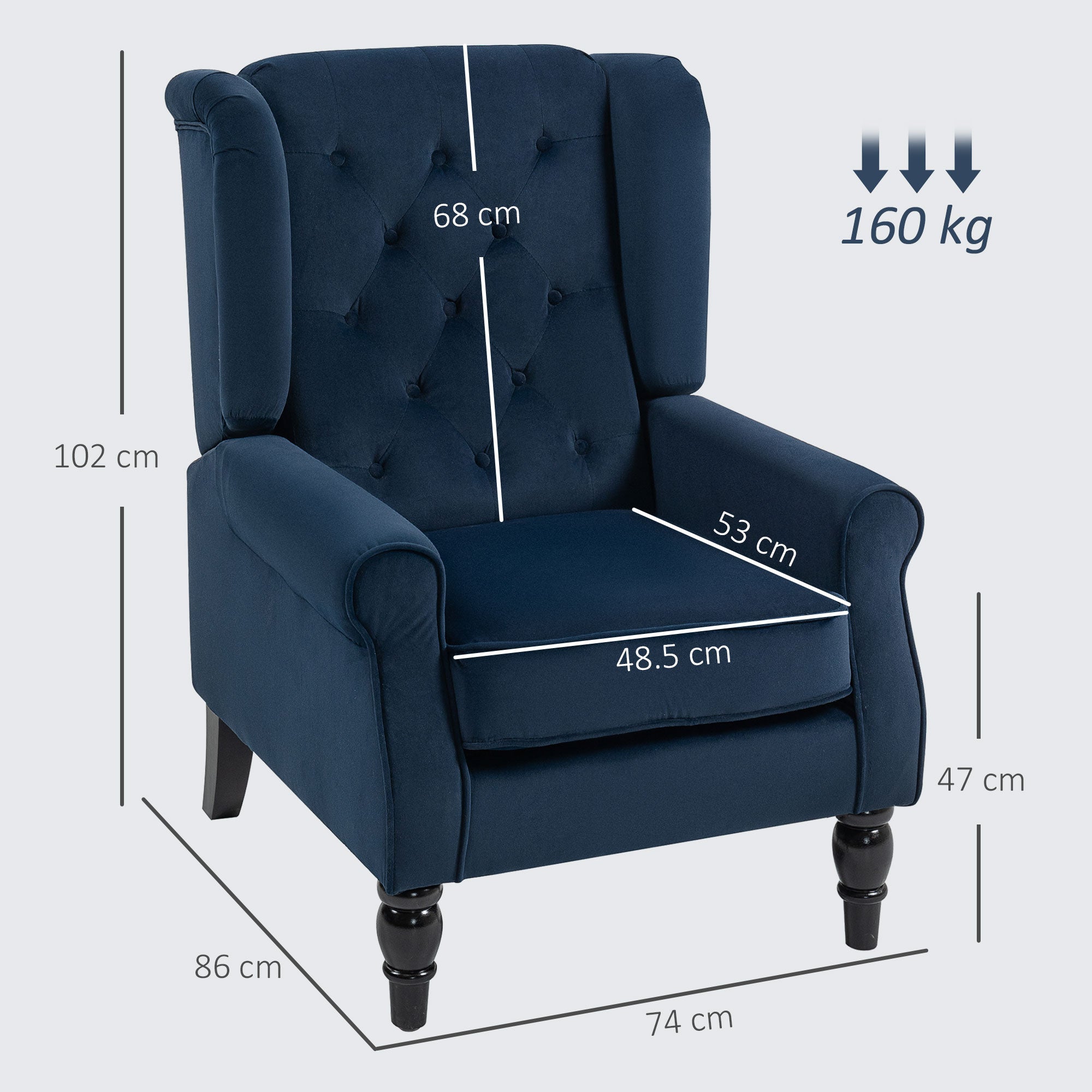 HOMCOM Wingback Accent Chair, Retro Upholstered Button Tufted Occasional Chair for Living Room and Bedroom, Dark Blue 
