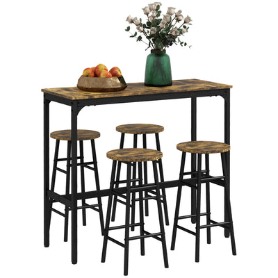 HOMCOM 5 Piece Bar Table Set with 4 Stools, Industrial Bar Table and Stool Set, Dining Table and Chair Set, Rustic Brown 