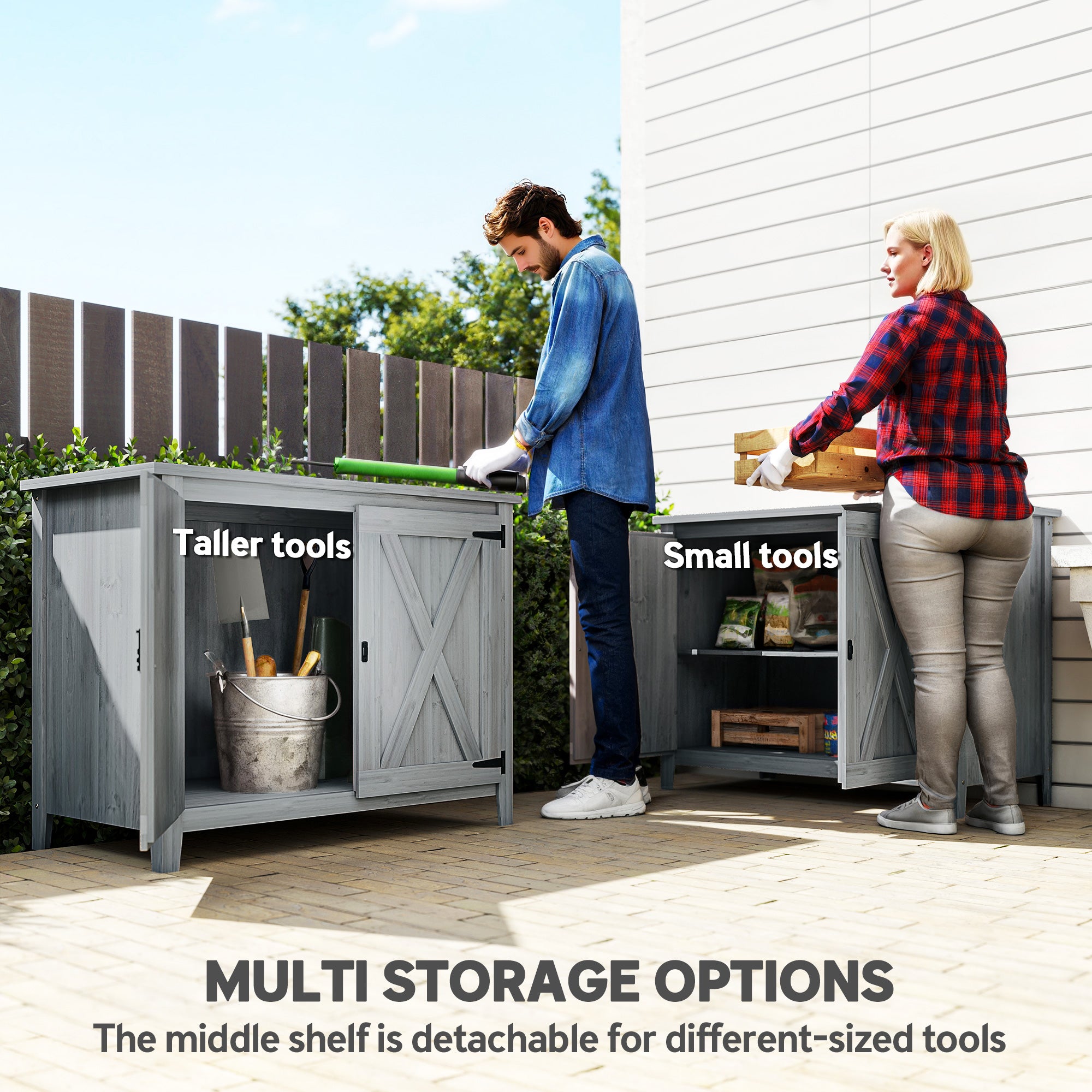 Outsunny Wooden Garden Shed, Outdoor Fir Wood Storage Shed with Shelf and Double Doors, Light Grey 