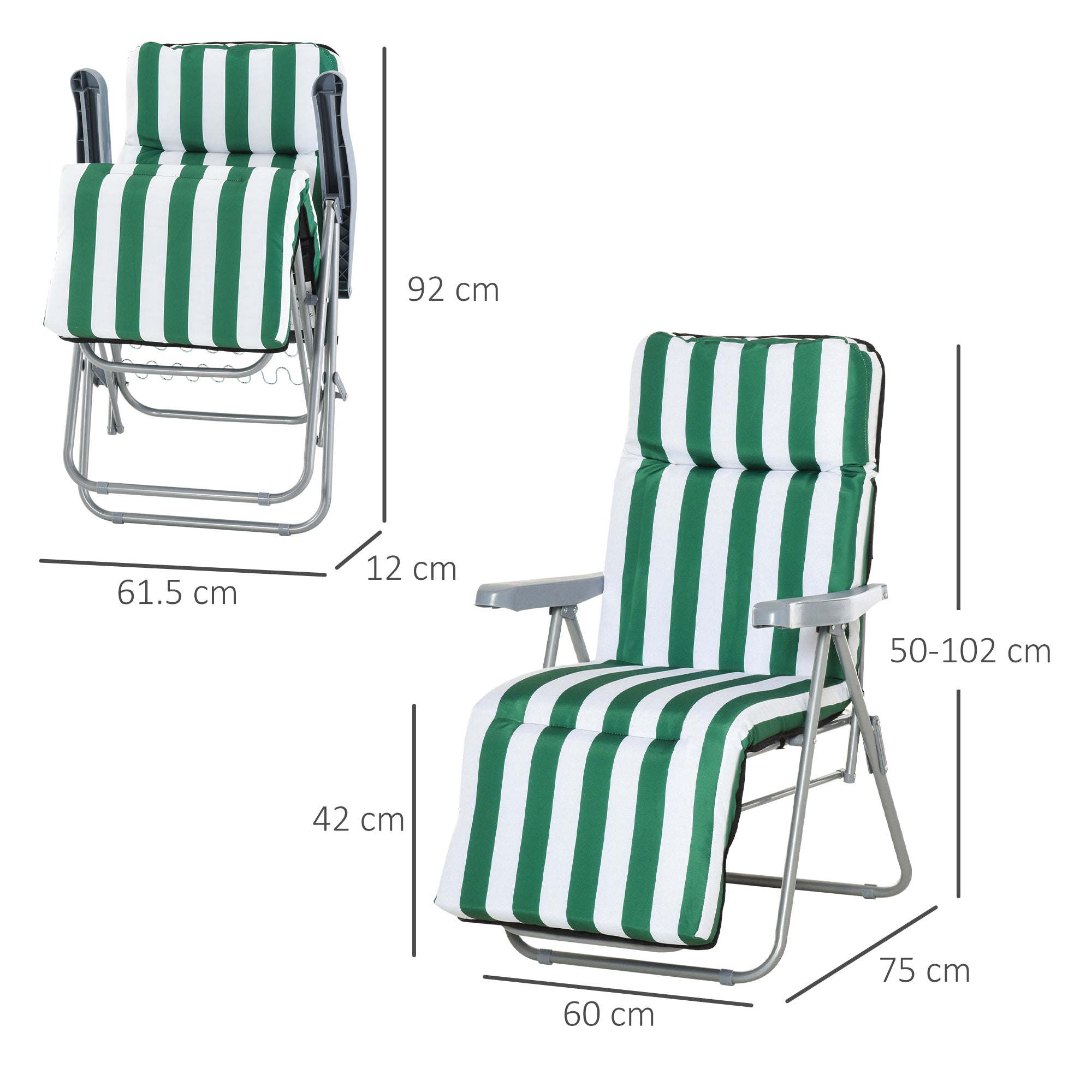 Outsunny 2 Pieces Outdoor Sun Lounger Set with Cushions, Patio Folding 5-Level   Adjustable Backrest Recliner Chairs Set of 2 with High Backrest and Armrests, Green & White 
