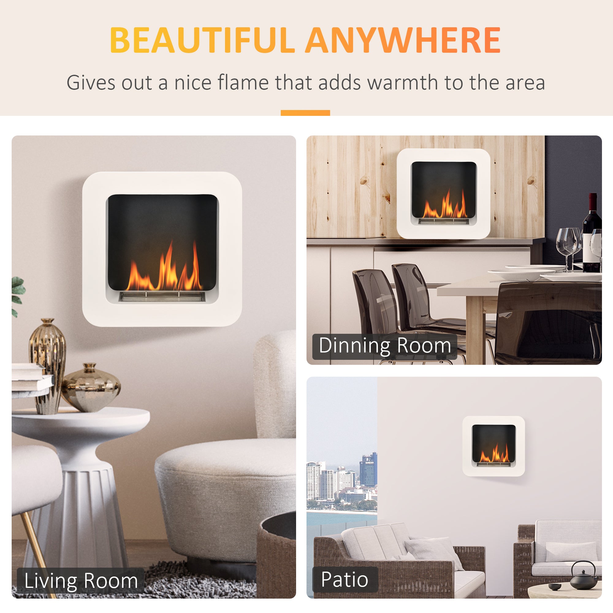 HOMCOM Wall Mounted Ethanol Fireplace, Bioethanol Heater Stove Fire with 1L Tank, 2.5 Hour Burning Time, White 