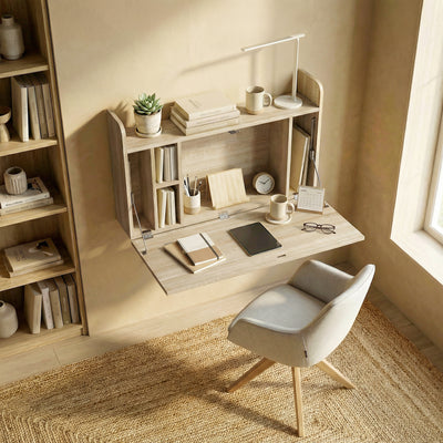 HOMCOM Wall Mounted Desk, Drop Leaf Floating Laptop Desk with Space Saving Storage Compartments for Home Office, Oak 