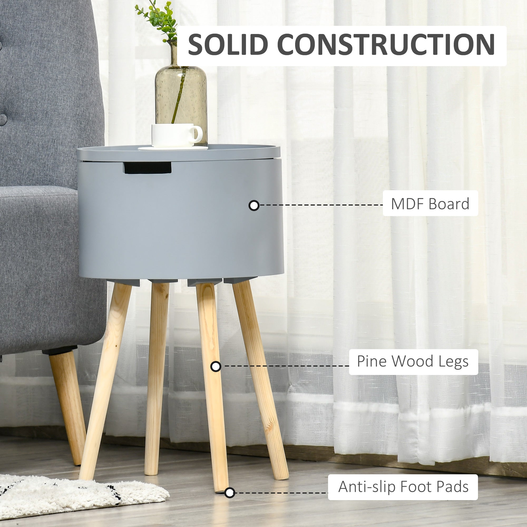 HOMCOM Modern Side Table with Hidden Storage Space, Round Night Stand with Removable Tray Wood Frame End Coffee Table for Living Room, Set of 2, Grey 