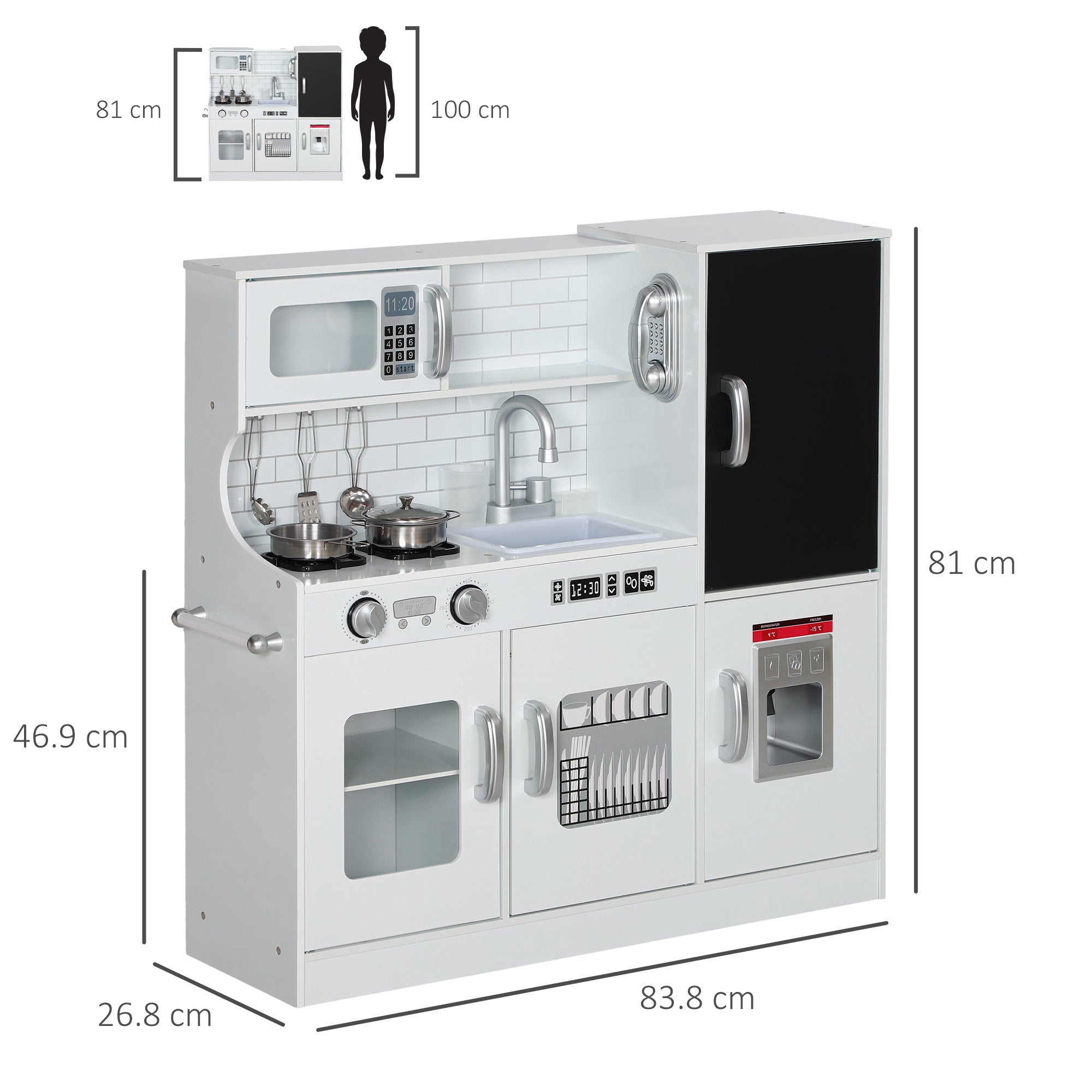 AIYAPLAY Pretend Play Kitchen, Kids Kitchen Playset, with Toy Phone, Chalkboard, Microwave, Cooking Stove, Sink, White