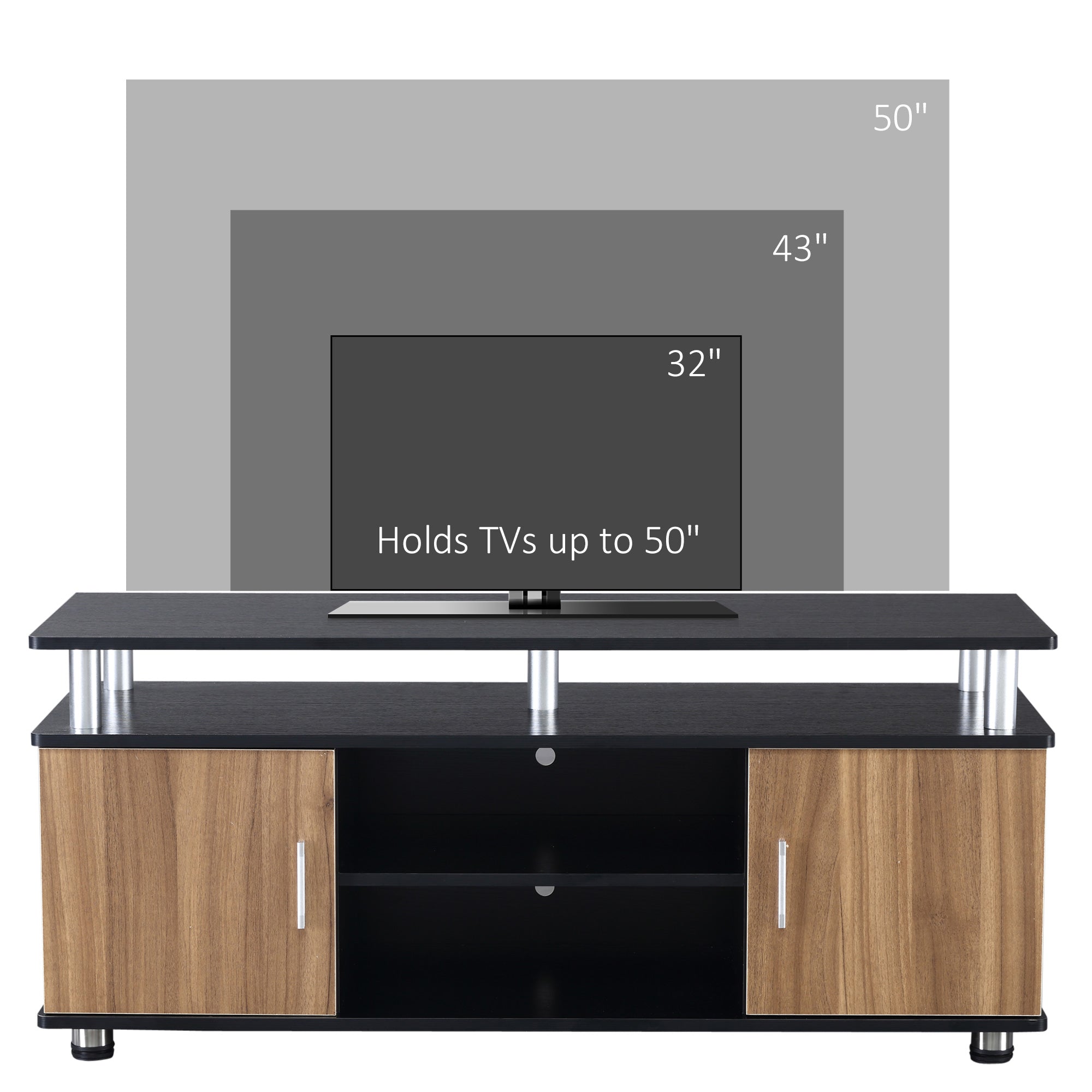HOMCOM TV Cabinet Unit for TVs up to 50'' with Storage Shelf and Cupboards, Living Room Entertainment Center Media Console, Black and Walnut 