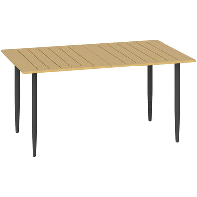 Outsunny Garden Dining Table for 6 Person, Rectangle Outdoor Coffee Table with 5 cm Parasol Hole, Slatted Tabletop and Steel Frame for Patio Balcony, Brown 