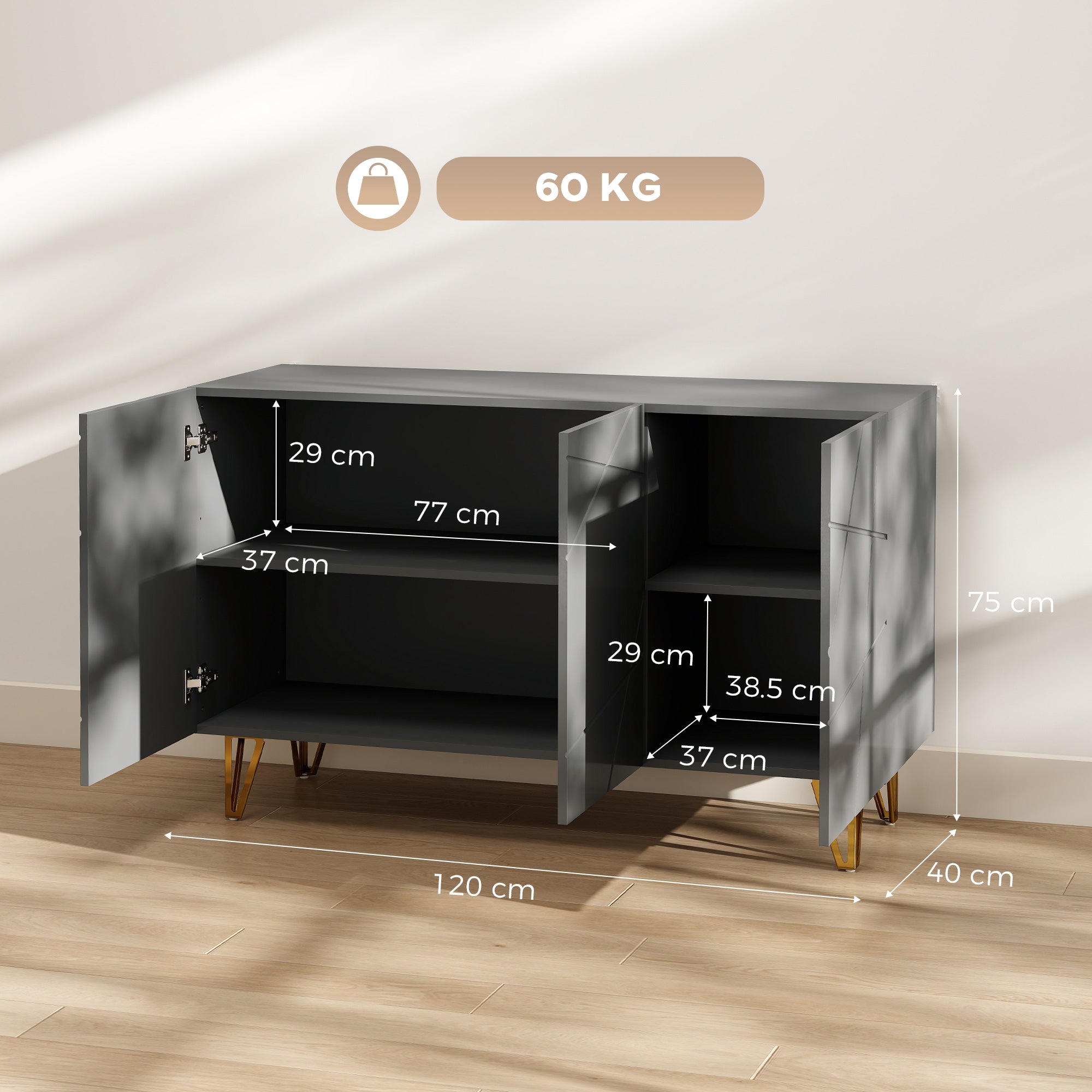 HOMCOM Modern Luxe High Gloss Sideboard, with Hairpin Legs, Grey 