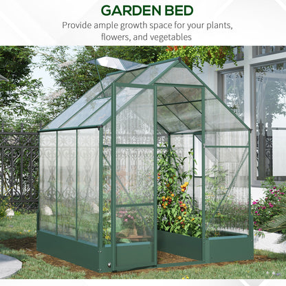 Outsunny 6x6 FT Polycarbonate Greenhouse with Base and Raised Bed, Walk-in Greenhouse with Aluminium Frame, Temperature Controlled Window, Foundation for Plants, Flowers, Vegetable 