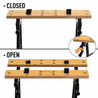 DURHAND 4-in-1 Work Bench, Saw Horse Folding Clamp Table w/ 4 Adjustable Clamping Pegs for DIY Home Garage, Black 
