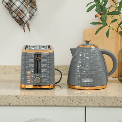 HOMCOM 3000W 1.7L Rapid Boil Kettle & 2 Slice Toaster, Kettle and Toaster Set with 7 Browning Controls and Crumb Tray, Grey 