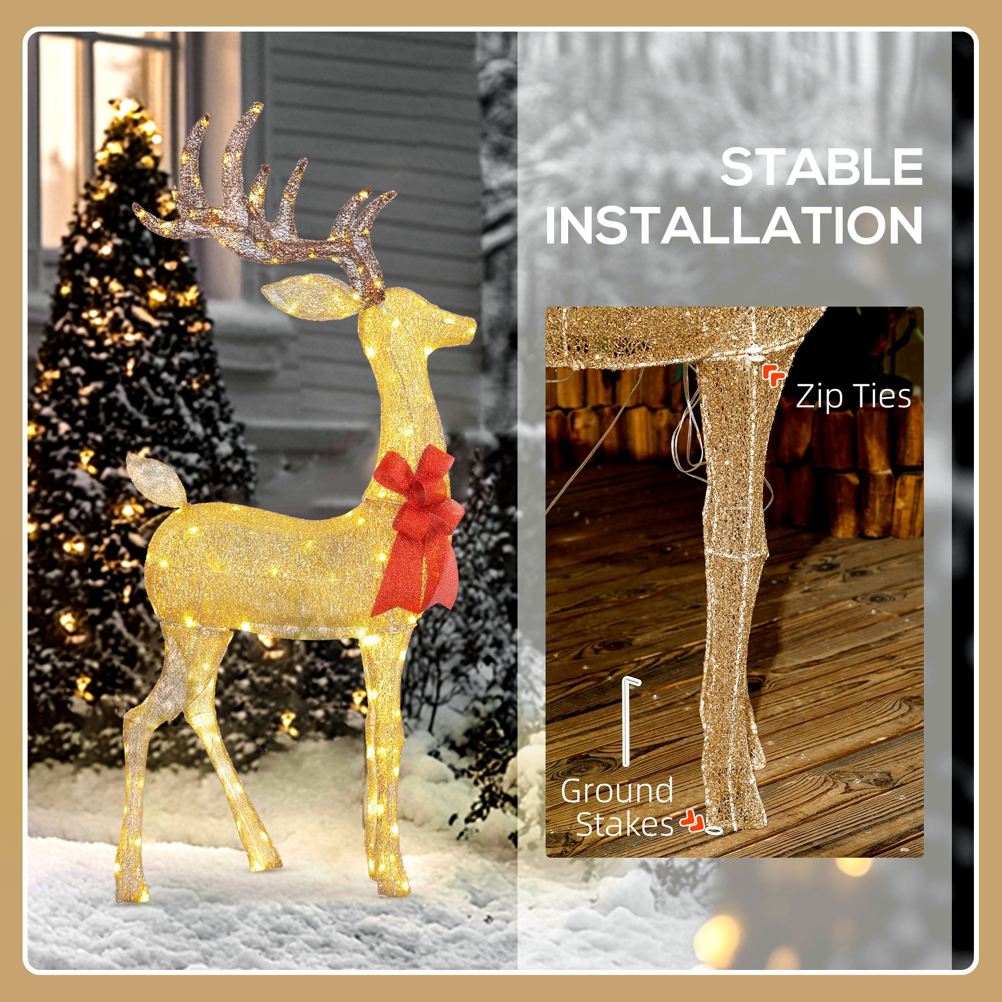 Outsunny Lighted Reindeer Christmas Decoration, Light Up Christmas Deer with 137 LED Lights for Indoor, Outdoor, Garden, Lawn, Gold Tone 