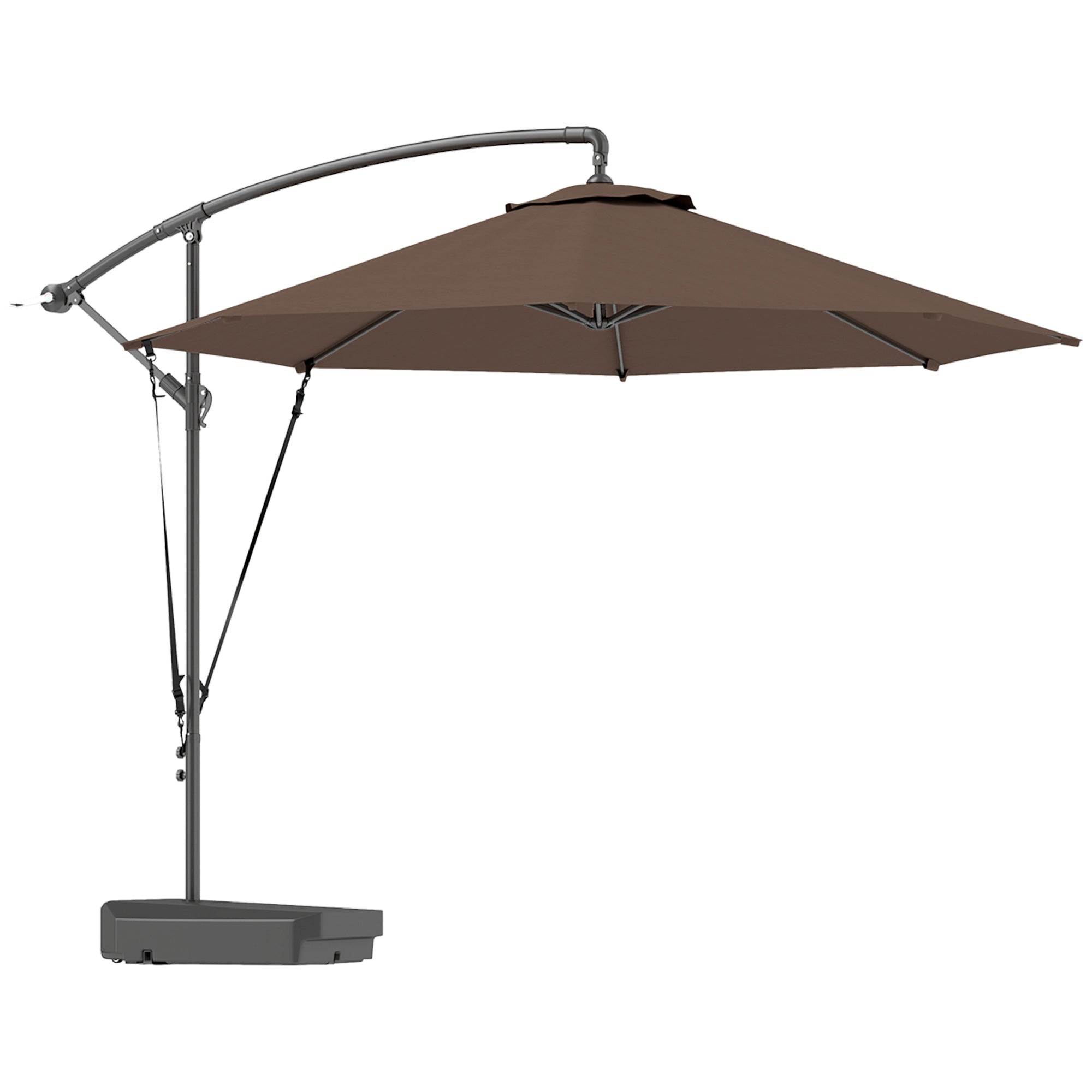 Outsunny 3(m) Garden Cantilever Parasol with Fillable Base, Wind Protection Strap, Cover, Round Banana Hanging Umbrella with Crank Handle and Tilt, Patio Umbrella for Outdoor Sun Shade, UPF50+, Brown 