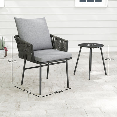Outsunny 3-Piece Rattan Bistro Set, Garden Table and Chairs with 4 Cushions, Patio Rattan Conversation Furniture Set for Balcony, Porch, Terrace, Grey 