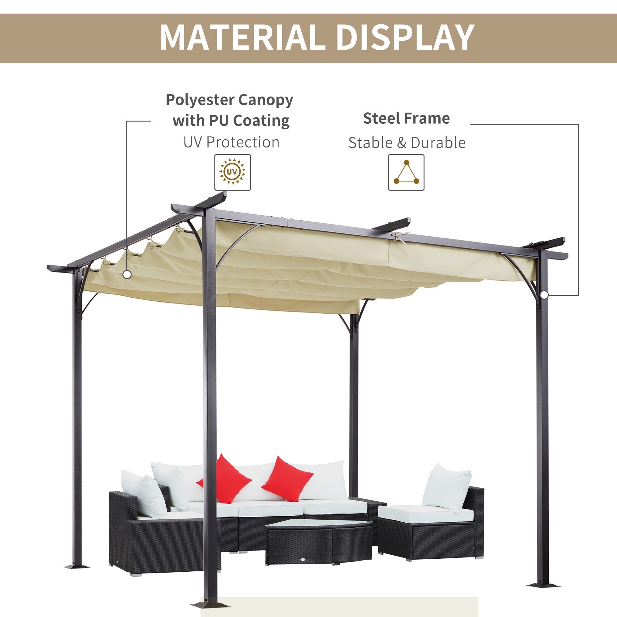 Outsunny 3 x 3(m) Metal Pergola with Retractable Roof, Garden Gazebo Metal Pergola Canopy. Outdoor Sun Shade Shelter for Party BBQ, Beige 
