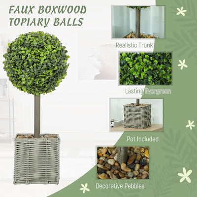 HOMCOM Set of 2 Decorative Artificial Plants, 50cm Faux Boxwood Topiary Balls with Woven Plastic Pot and Pebbles, Fake Plants for Home or Office Decor, Green 