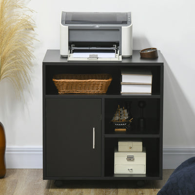 HOMCOM Multi-Storage Printer Stand Unit Office Desk Side Mobile Storage w/ Wheels Modern Style 60L x 50W x 65.5H cm - Black 