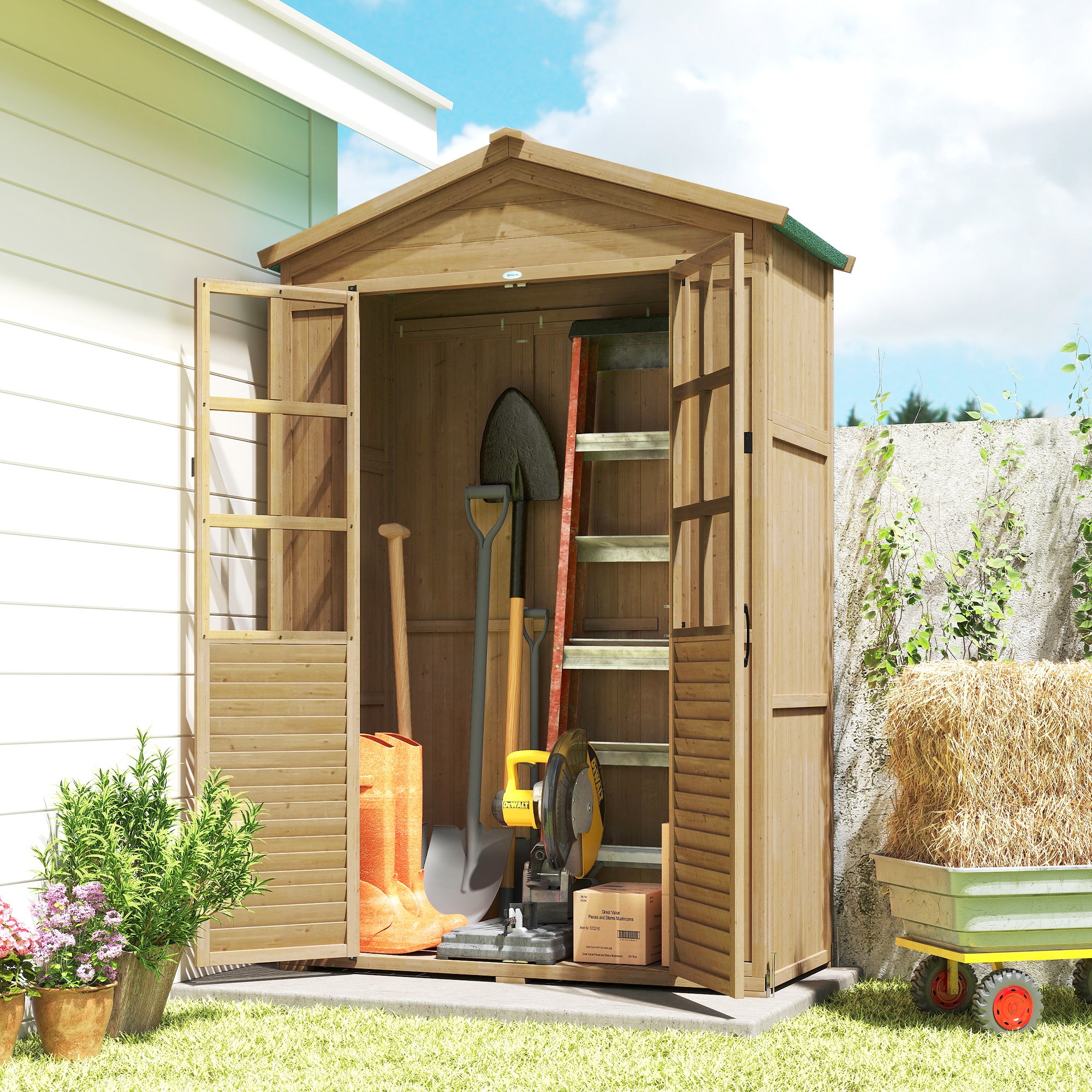 Outsunny Outdoor Wooden Storage Cabinet, Garden Tool Shed with Acrylic Windows for Patio, Light Brown 