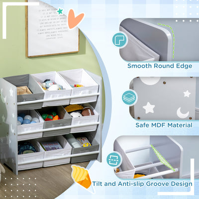 ZONEKIZ 3PCs Kids Furniture Bedroom Set with Bed, Toy Box Bench, Storage Unit with Baskets, Star and Moon Patterns, for 3-6 Years Old Boys Girls, Grey 