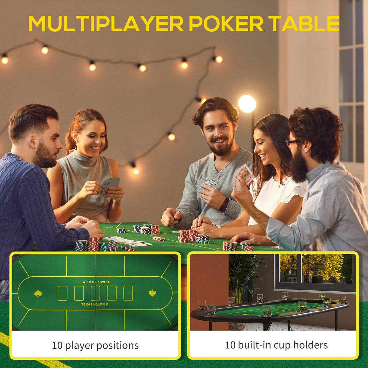 SPORTNOW Foldable Poker Mat, 10-Player Table Top with Cup Holder, Carry Bag - Green 