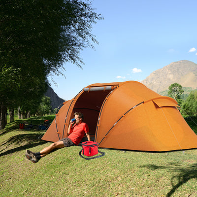 Outsunny 4-6 Man Camping Tent w/ Two Bedroom, Hiking Sun Shelter, UV Protection Tunnel Tent, Orange 