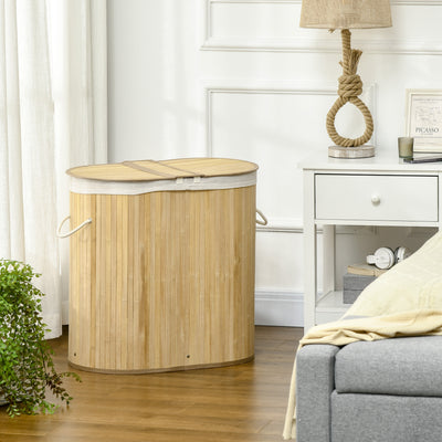 HOMCOM Bamboo Laundry Basket with Lid, 100 Litres Laundry Hamper with 2 Sections, Removable Washable Lining, Washing Baskets, 62.5 x 37 x 60.5cm, Natural 