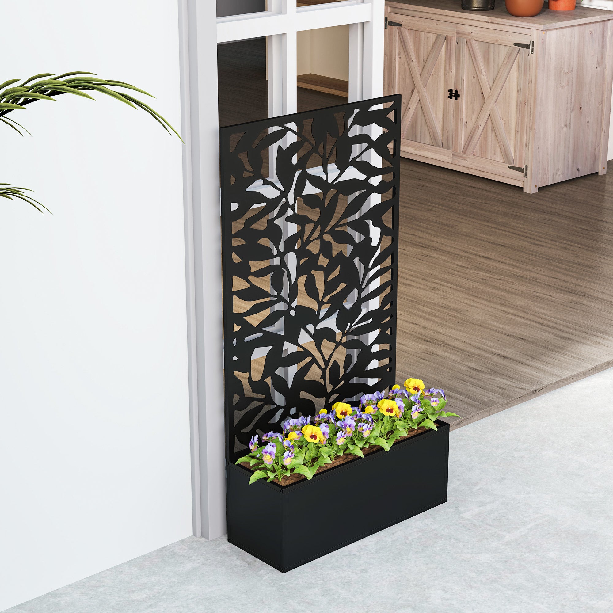 Outsunny Metal Garden Bed with Trellis, Wall Mounted or Freestanding Raised Planter with Privacy Panel, Black 