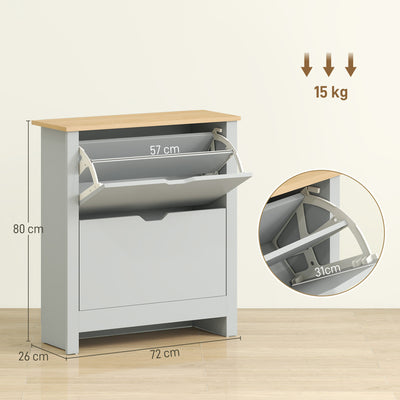 HOMCOM Slim Shoe Cabinet, Narrow Shoe Cupboard with 2 Flip Drawers, Adjustable Shelves for 12 Pairs of Shoes, Light Grey 