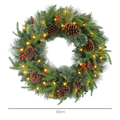 HOMCOM 60" Cone and Berry Christmas Wreath, with LED Lights 