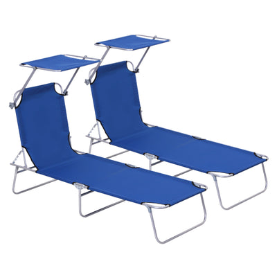 Outsunny 2 Pieces Outdoor Foldable Sun Lounger, 4 Level Adjustable Backrest Reclining Sun Lounger Chair with Angle Adjust Sun Shade Awning for Beach, Garden, Patio, Blue 