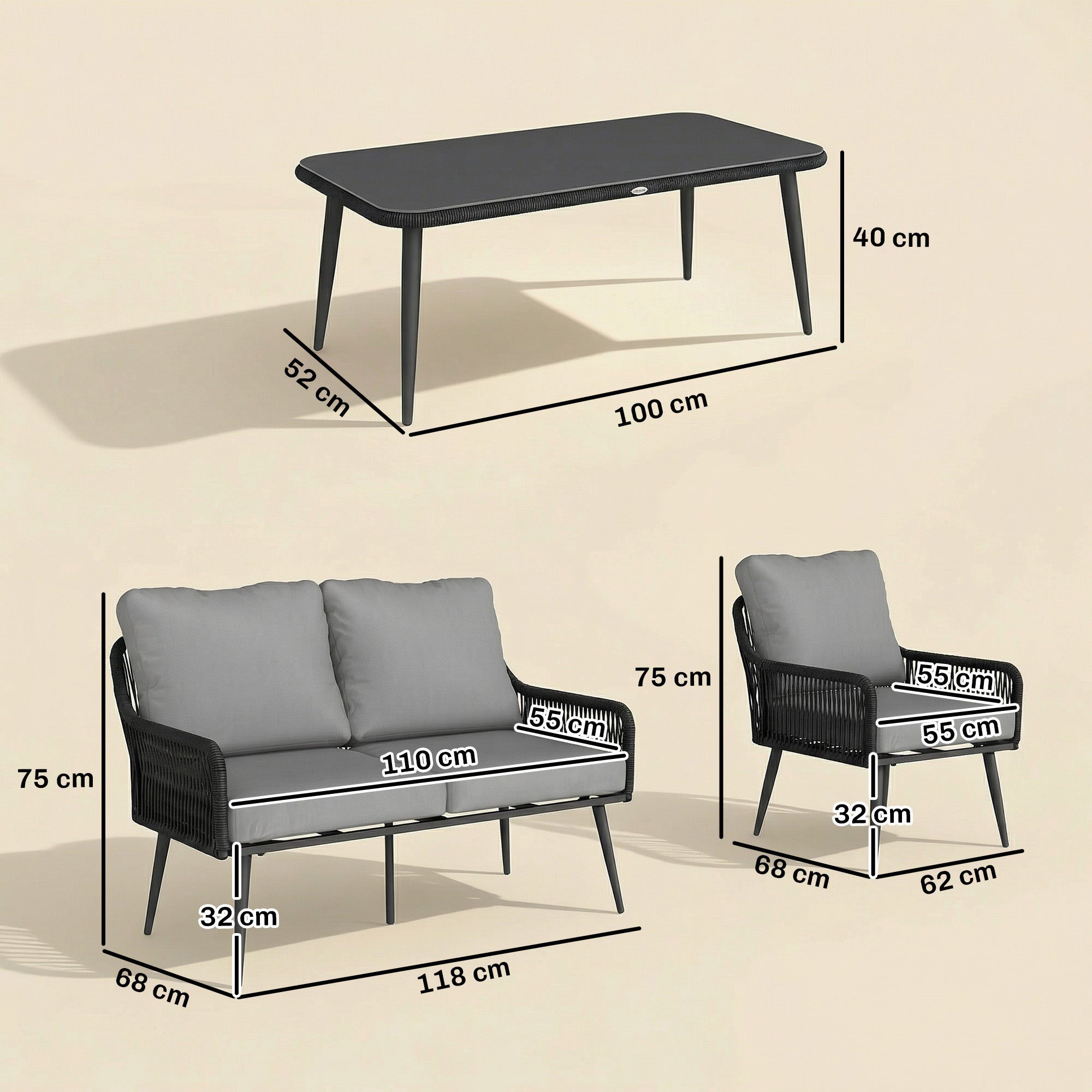 Outsunny Rattan Garden Furniture Set, 4 Piece Outdoor Patio Furniture with Tempered Glass Table and Chairs, Indoor Balcony Conservatory Set 