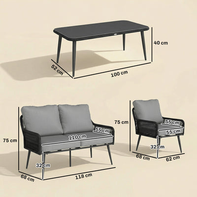 Outsunny Rattan Garden Furniture Set, 4 Piece Outdoor Patio Furniture with Tempered Glass Table and Chairs, Indoor Balcony Conservatory Set 