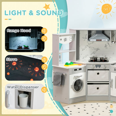 AIYAPLAY Toy Kitchen with Running Water, Lights, Sounds, Apron and Chef Hat, Water Dispenser, for Ages 3-6 Years, Grey 