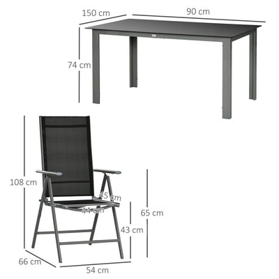 Outsunny 7 Piece Garden Dining Set, Outdoor Table and 6  Folding and Reclining Chairs, Aluminium Frame, Tempered Glass Top Table, Texteline Seats, Black 