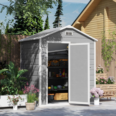Outsunny 6 x 4ft Garden Shed, Plastic Shed with Floor, Window, Lockable Door and Vents, Wood Effect Resin Tool Shed for Outdoor, Grey 