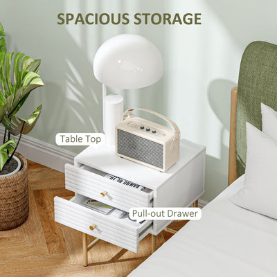 HOMCOM Set of Two Elegant Bedside Tables - White/Gold-Tone 
