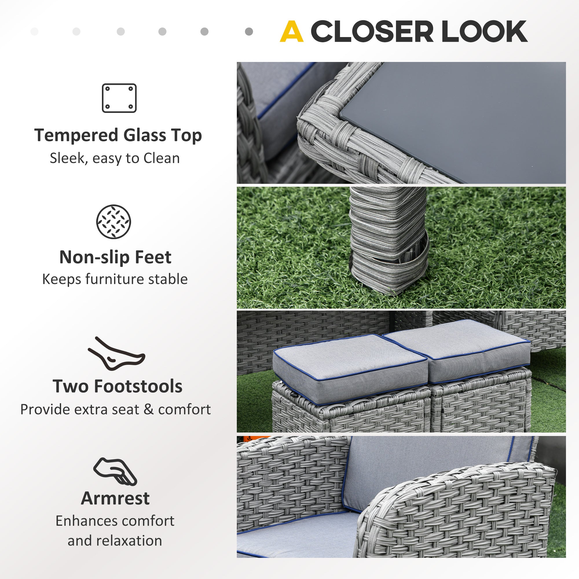 Outsunny 6 Pieces Rattan Garden Furniture Set, 6 Seater Garden Sofa Set with Glass Top Dining Table, Loveseat, 2 Armchairs and Ottomans, Wicker Outdoor Conservatory Furniture for Patio, Grey 