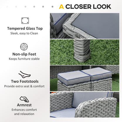 Outsunny 6 Pieces Rattan Garden Furniture Set, 6 Seater Garden Sofa Set with Glass Top Dining Table, Loveseat, 2 Armchairs and Ottomans, Wicker Outdoor Conservatory Furniture for Patio, Grey 