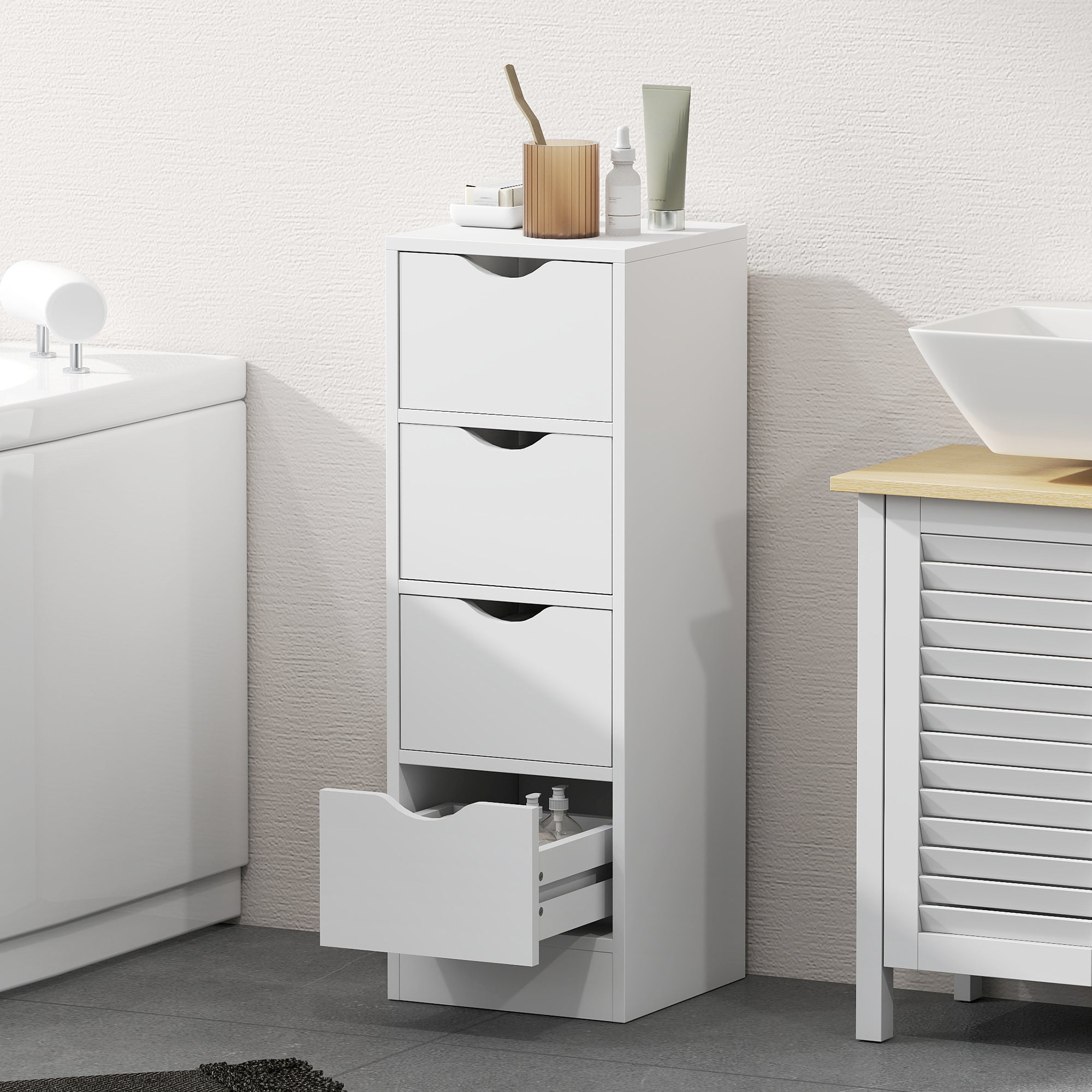 HOMCOM 4-Drawer Bathroom Cabinet, Freestanding Narrow Storage Cabinet with Groove Handles for Small Spaces, White 