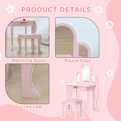 HOMCOM Kids Dressing Table Set, with Mirror and Drawer - Pink 