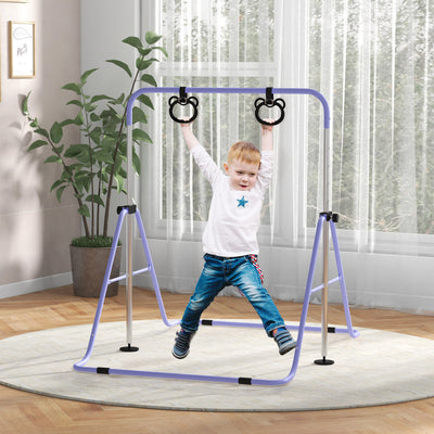 HOMCOM Adjustable Height, Foldable Kids Gymnastics Bar w/ Non-slip Rubber Floor Rings, for 3+ Years, Purple 