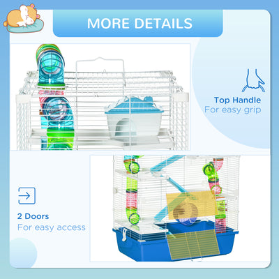 PawHut 5 Tier Hamster Cage, Gerbil Cage with Tube, Water Bottle, Exercise Wheel, Food Dish, 59L x 36W x 69H cm - Blue 