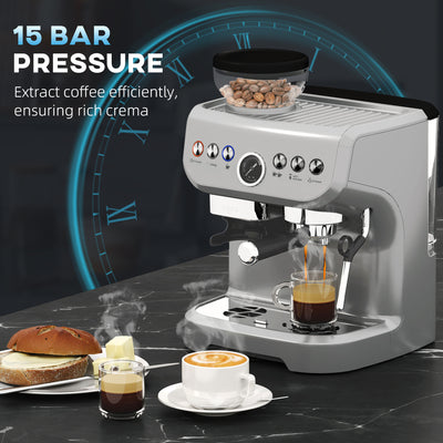 HOMCOM 15 Bar Coffee Machine, with Adjustable Grind, Steamer and Accessories - Silver Colour 