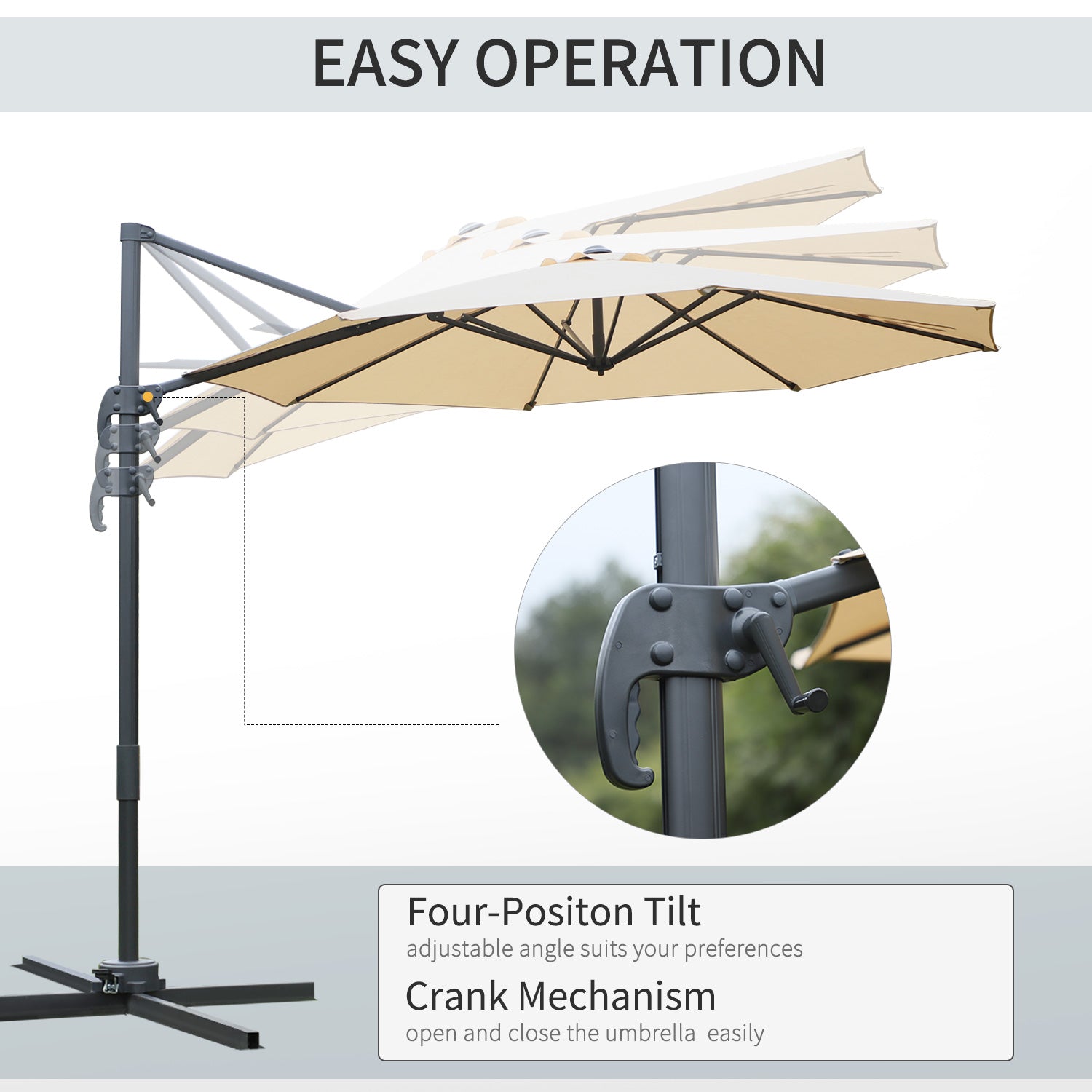 Outsunny Round Umbrella Parasol W/ Tilt 360° Rotation and Hand Crank Cross Base-Beige 