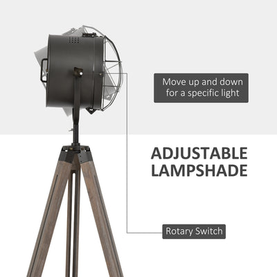 HOMCOM Floor Lamp with Adjustable Tripod for Living Room Bedroom, Vintage Spotlight Reading Lamp with Wood Legs, 115-155cm, Grey 