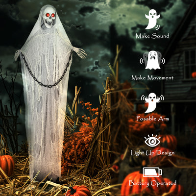 Outsunny 183 cm Life Size Halloween Animated Skeleton Grim Reaper with Glowing LED Eyes, Scary Halloween Decorations, Battery Operated, Indoor Party Props 