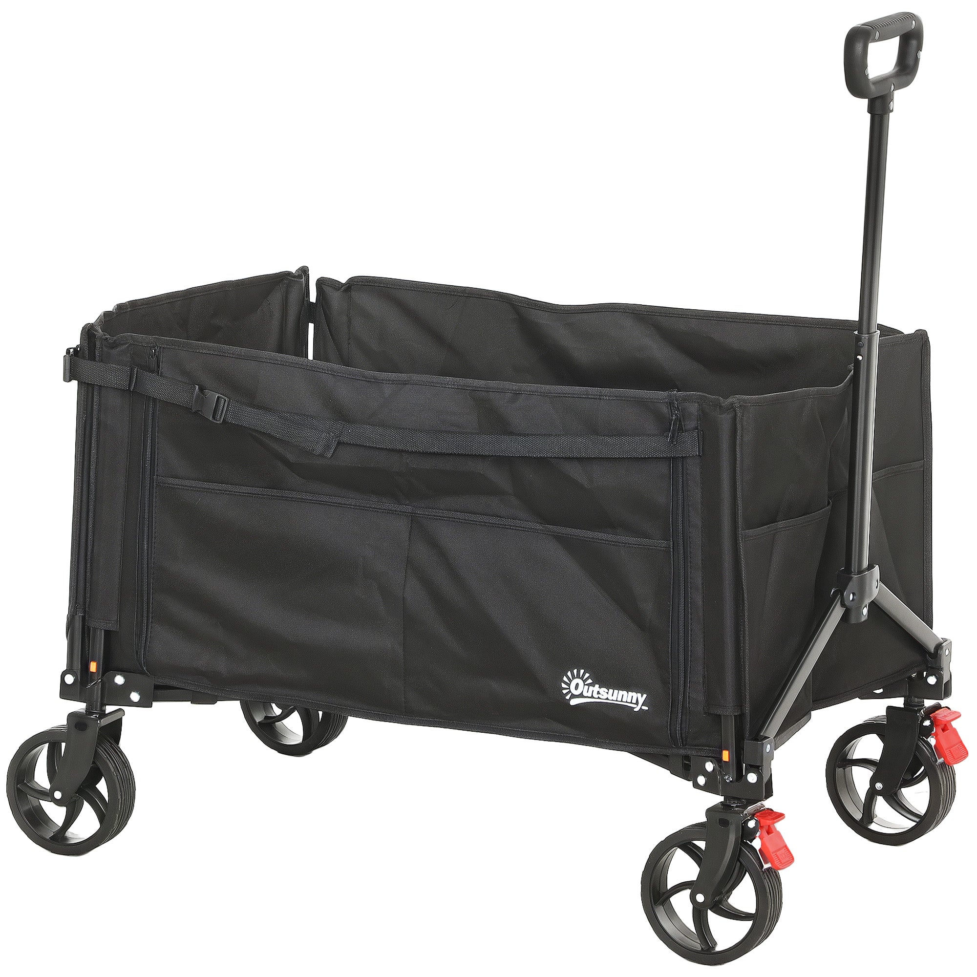 Outsunny Folding Trolley on Wheels, 150L Collapsible Wagon Festival Trolley Cart with Openable Sides, Adjustable Handle and Brakes for Shopping Camping Beach and Garden, Black 
