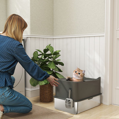 PawHut Stainless Steel Cat Litter Tray, Extra Large Enclosed Litter Box with Scoop, Top Entrance, Non-slip Pads, Dark Grey 
