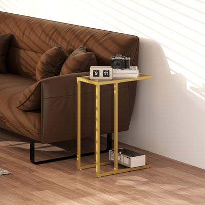 HOMCOM C-Shaped Side Table, Modern Slim End Table with Tempered Glass Tabletop, Steel Frame for Small Space, Living Room, Bedroom, Gold Tone 