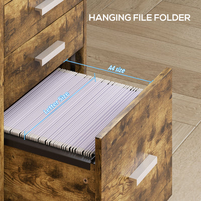 HOMCOM 3 Drawer Filing Cabinet, Rolling File Cabinet with Edged Top for Letter, A4 Size, Hanging File Folders, Rustic Brown 