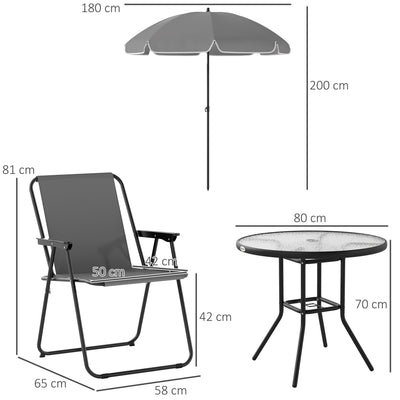 Outsunny 4 Seater Garden Furniture Set, 6 Pieces Garden Table and Chairs with Parasol, Outdoor Garden Dining Set with Folding Chairs and Round Glass Top Table for Patio, Grey 